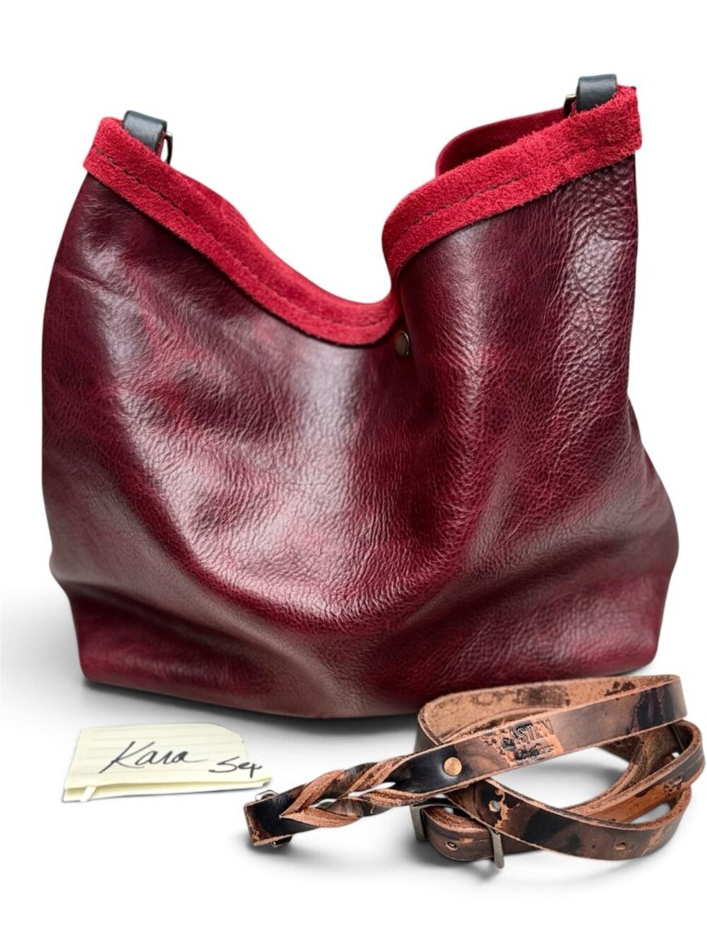 Easten Leathers Cherry Bulldog Pebbled Scratch-resistant Bucket Bag & Adj. Strap
